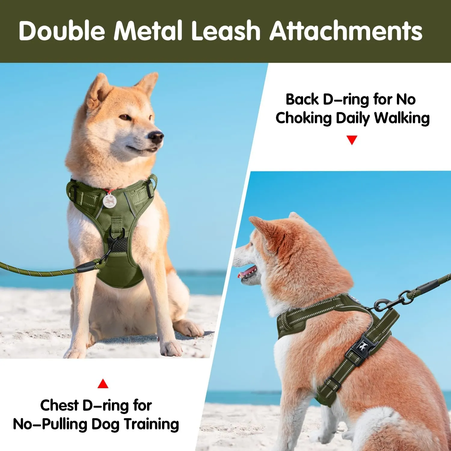 PoyPet No Pull Dog Harness and 5 Feet Leash Set, Release on Neck Reflective Adjustable Pet Vest, Front & Back 2 D-Ring and Soft Padded Pet Harness with Handle for Small to Large Dogs(Military Green,S)