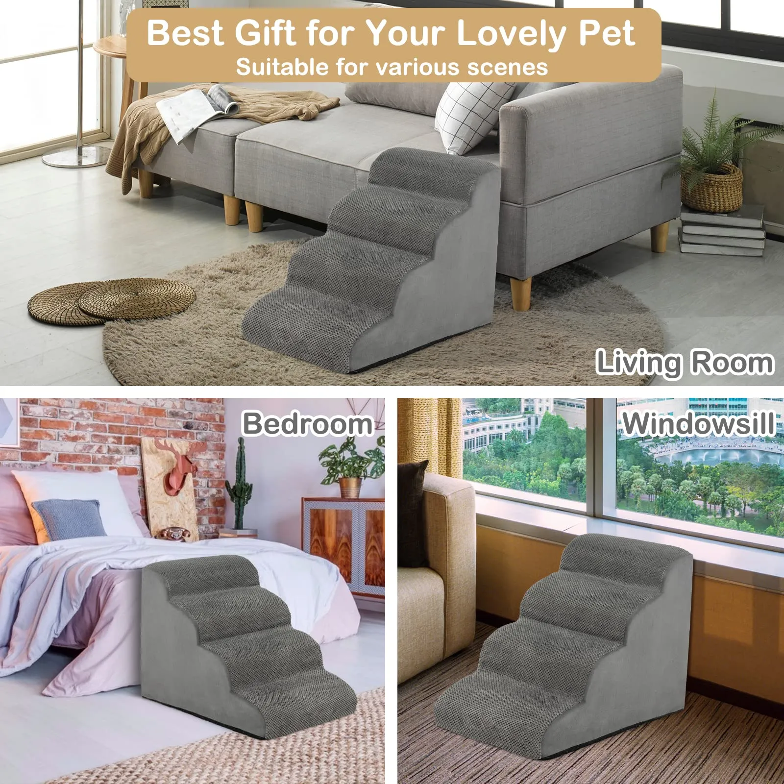 Tangkula Foam Dog Stairs for High Beds, Extra Wide & Deep Pet Ramp