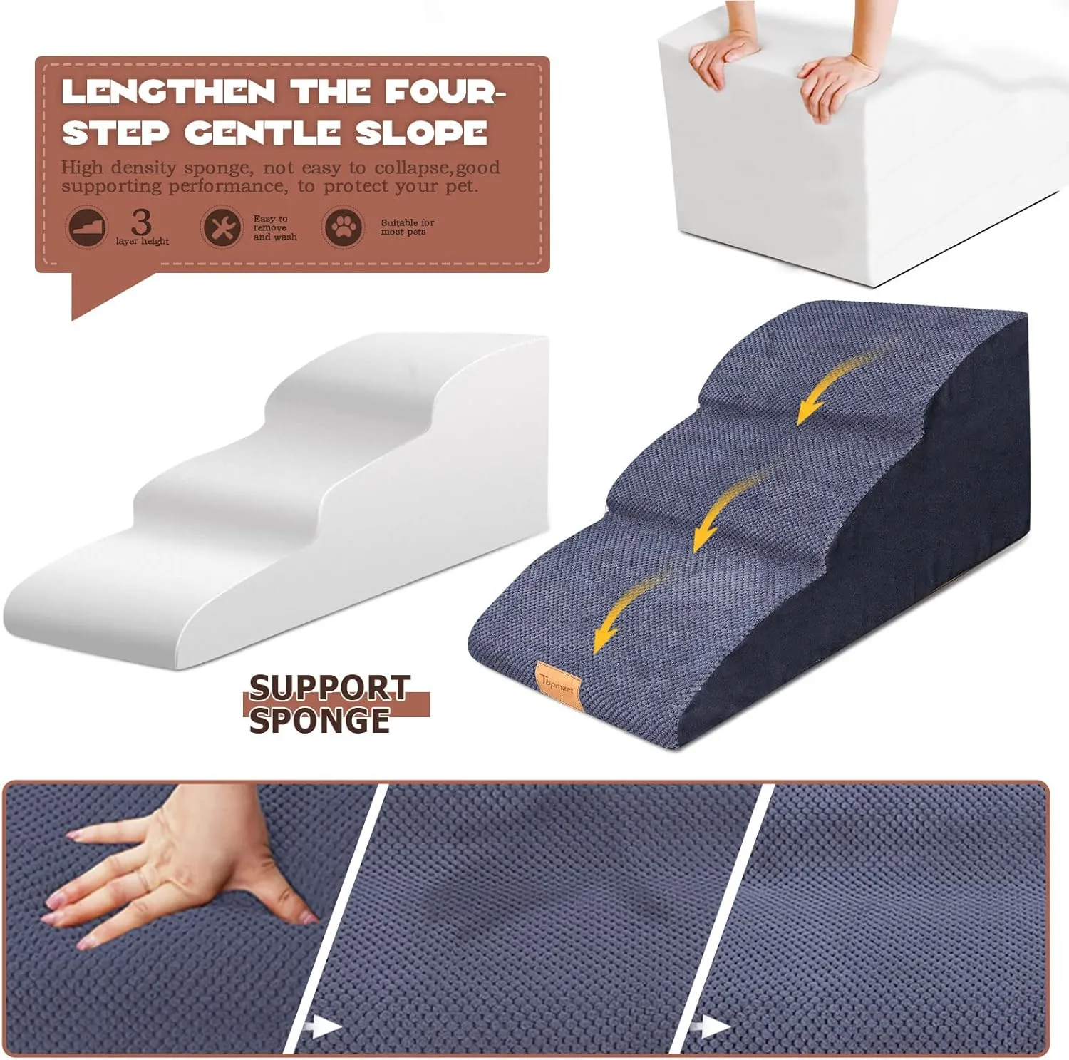 Topmart High Density Extended Foam Dog Ramp&Steps 3 Tiers,15.7" High,Non-Slip Dog Stairs with Waterproof Cover,Soft Foam Pet Ladder,Best for Injured,Older Cats,Pets with Joint Pain