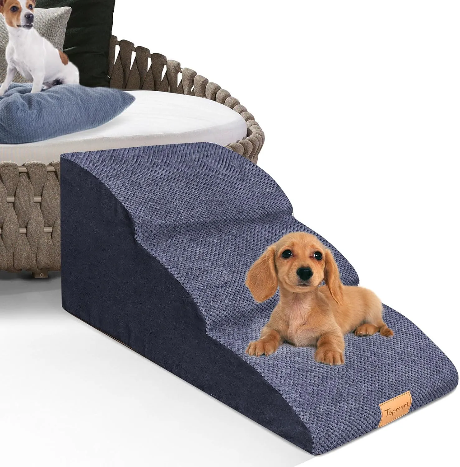 Topmart High Density Extended Foam Dog Ramp&Steps 3 Tiers,15.7" High,Non-Slip Dog Stairs with Waterproof Cover,Soft Foam Pet Ladder,Best for Injured,Older Cats,Pets with Joint Pain