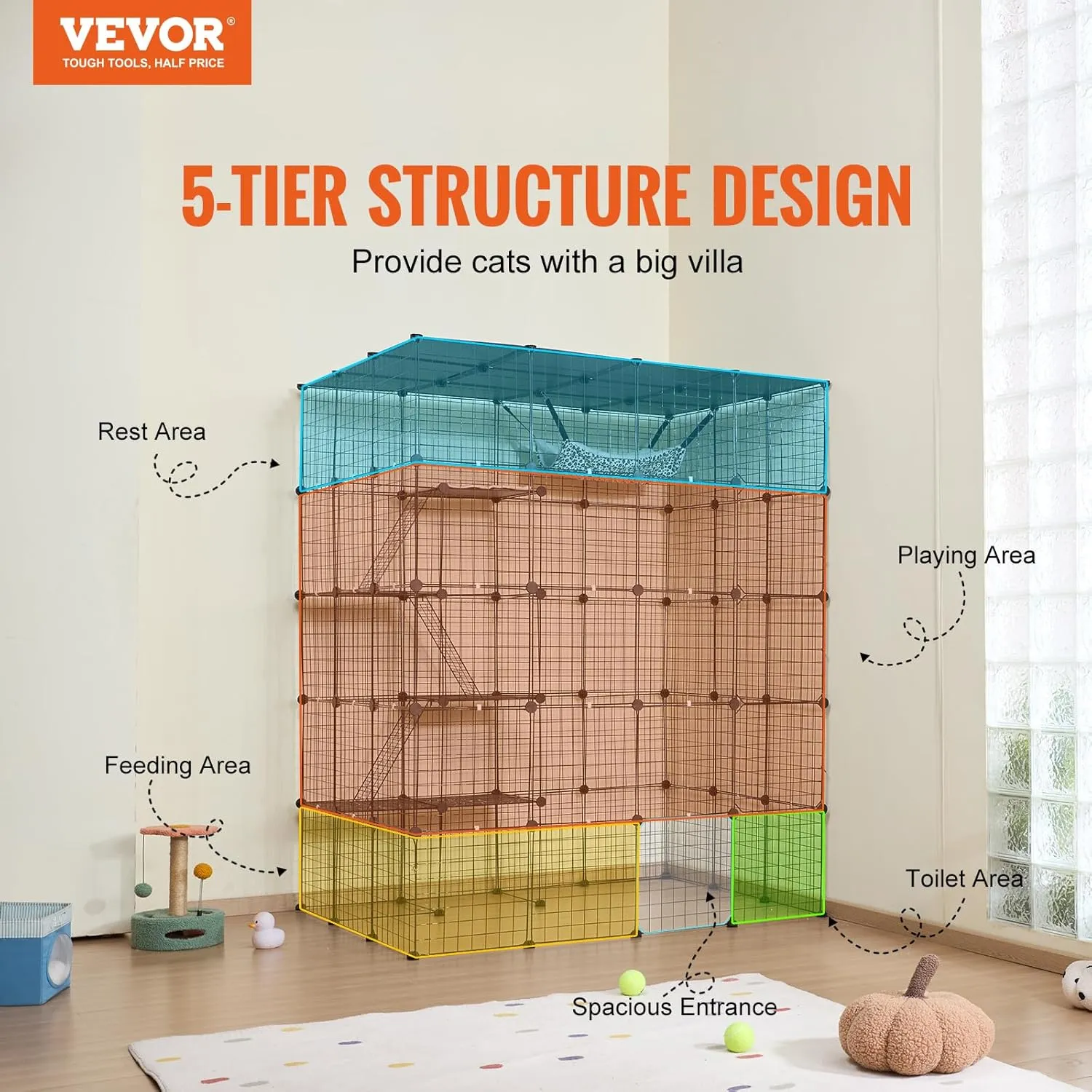 VEVOR Large 4-Tier Cat Cage, 54 x 41 x 69, Detachable Metal Wire Cat Enclosure, with 5 Front Doors Hammock Ramp ladders, Indoor & Outdoor Crate Exercise Place Ideal for Kitty, Small Animals, Black