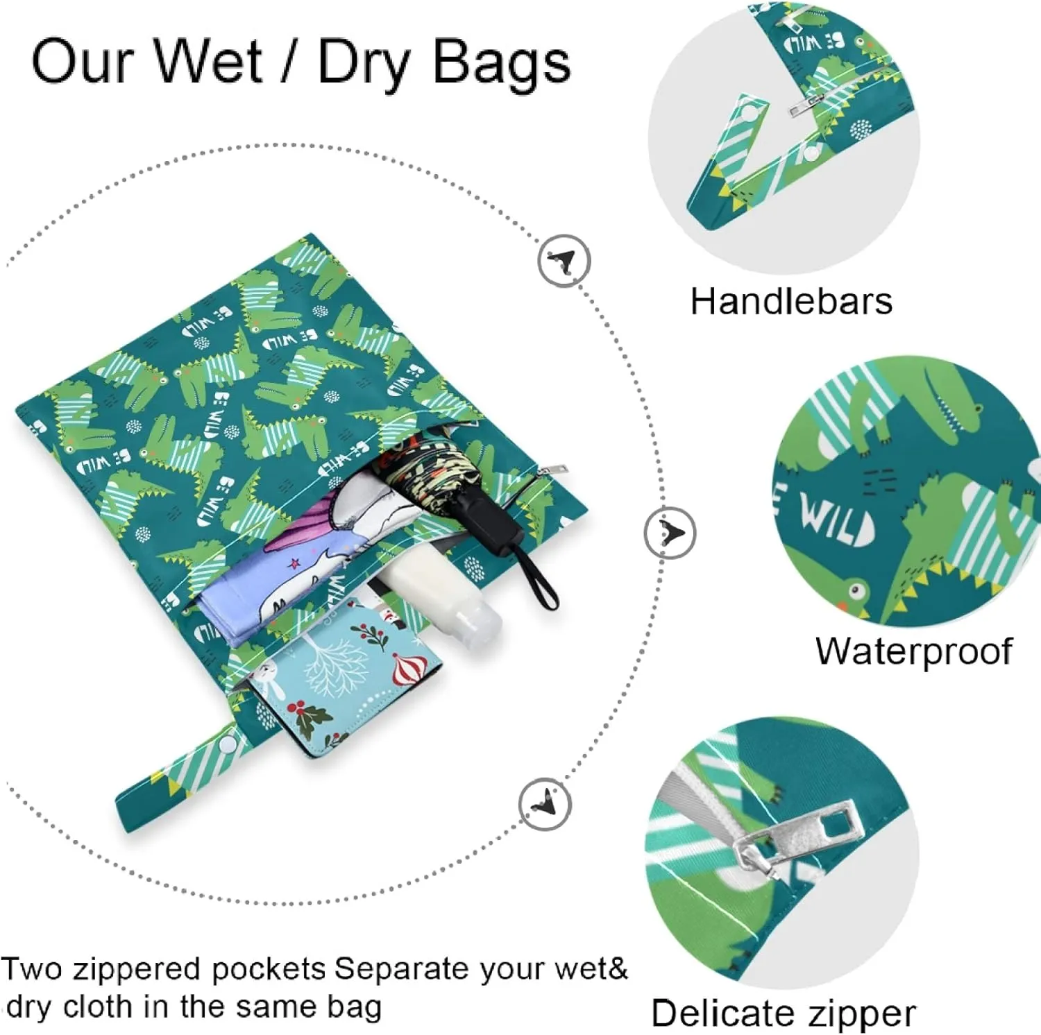 visesunny Crocodile Cartoon 2Pcs Wet Bag with Zippered Pockets Washable Reusable Roomy for Travel,Beach,Pool,Daycare,Stroller,Diapers,Dirty Gym Clothes, Wet Swimsuits, Toiletries