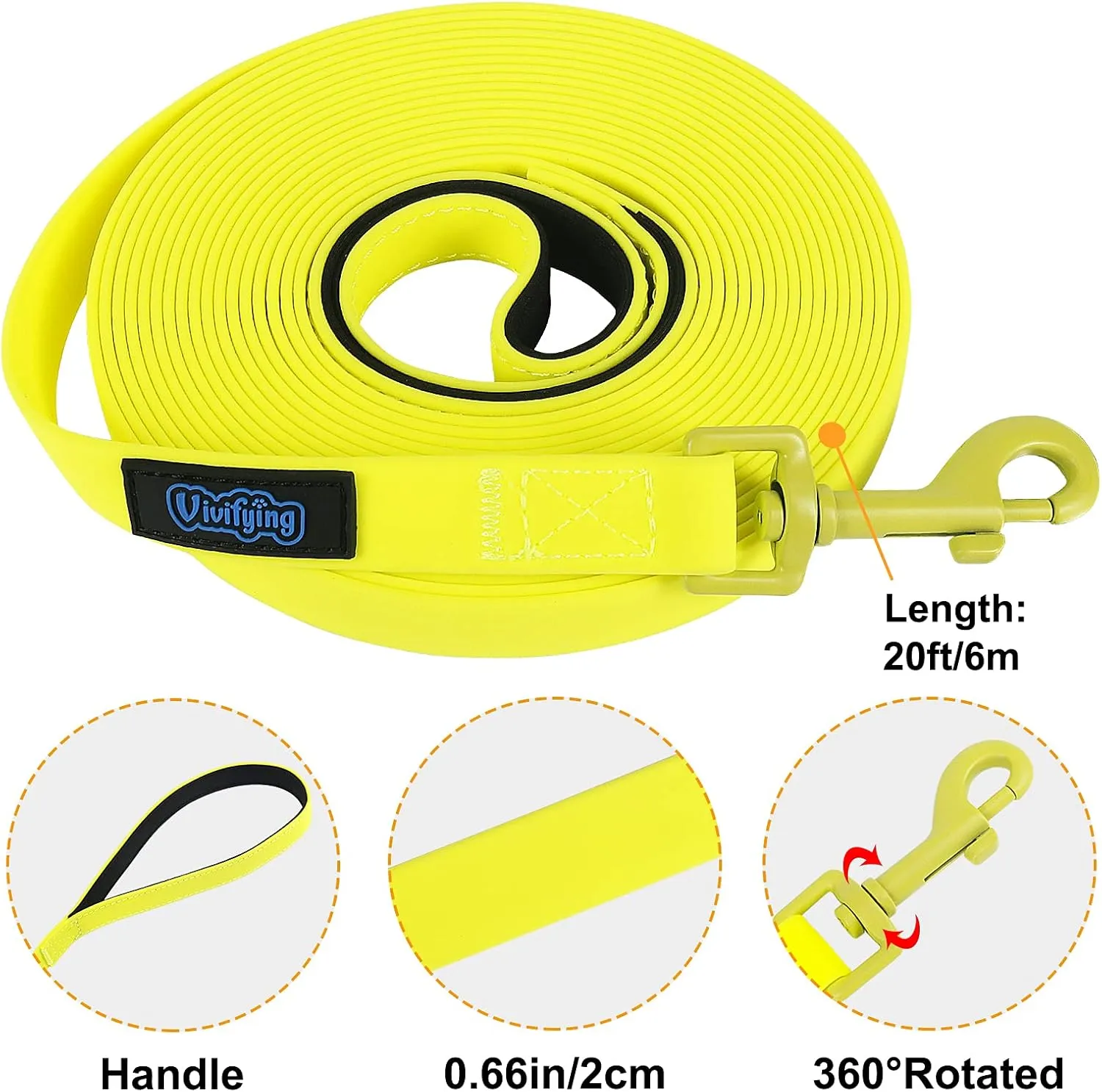 Vivifying Long Dog Leash, 20ft Waterproof Dog Training Leash for Outside, Durable PVC Long Line Lead with Padded Handle for Recall Training, Hiking, Swimming, Beach and Lake (Yellow)