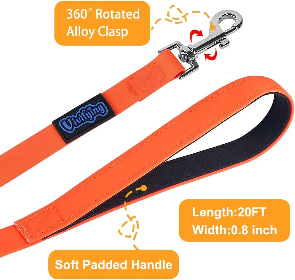 Vivifying Waterproof Long Dog Leash, 20ft Dog Training Leash for Outside, Durable PVC Long Line Lead with Padded Handle for Recall Training, Hiking, Swimming, Beach and Lake (Orange)