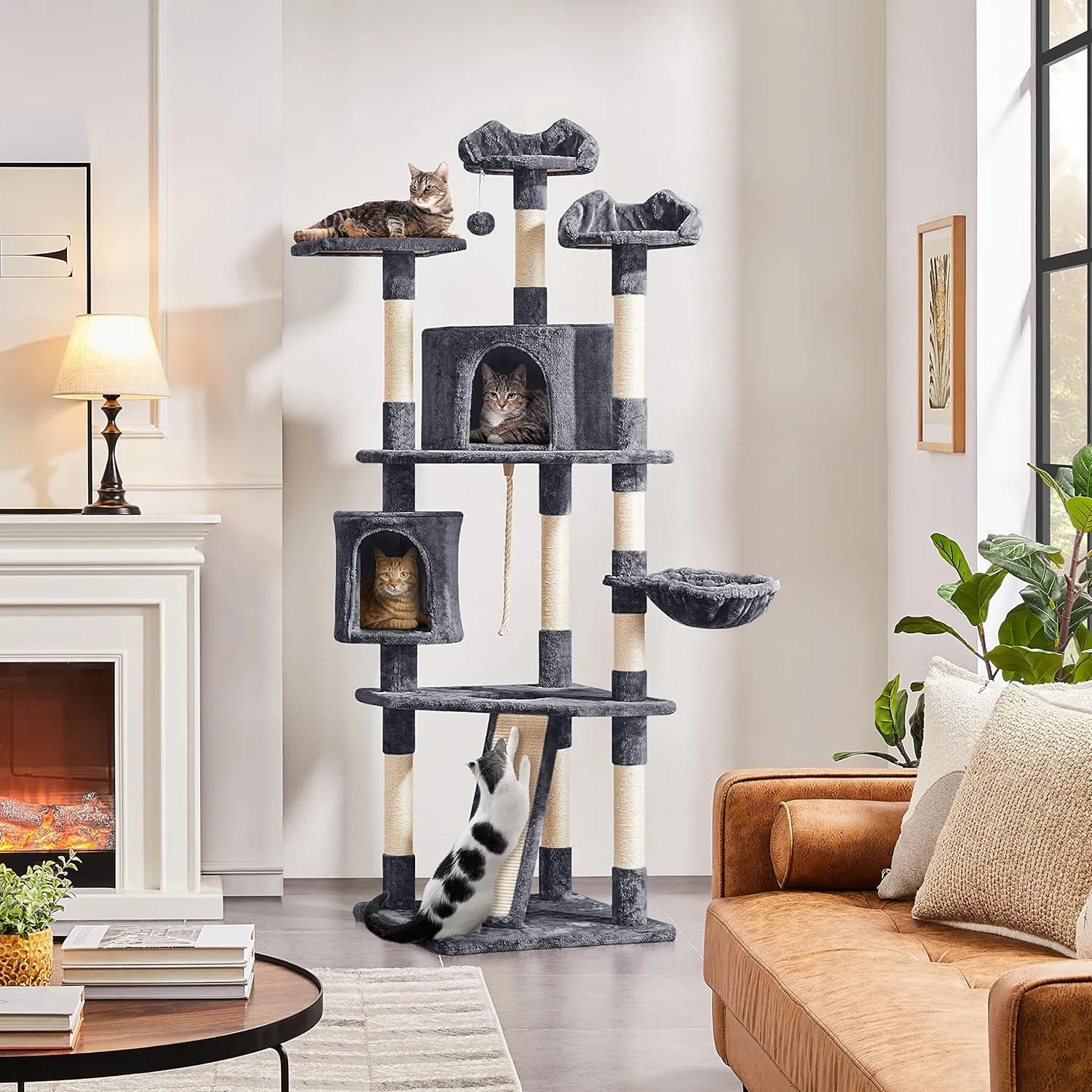 Yaheetech Multi-Level Cat Trees Cat Towers 79in Cat Tree for Indoor Cats with Sisal-Covered Scratching Posts, Plush Perches and Stable Condo for Kittens, Cats and Pets, Dark Gray