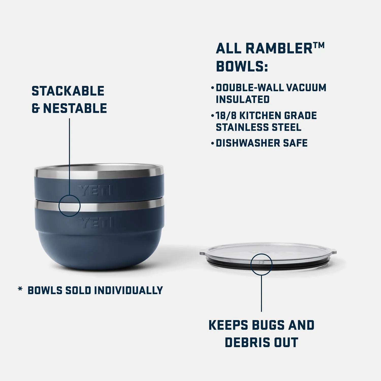 YETI Rambler Bowl, Vacuum Insulated, Stackable and Nestable Stainless Steel Bowl with Lid, 2 Quart, White